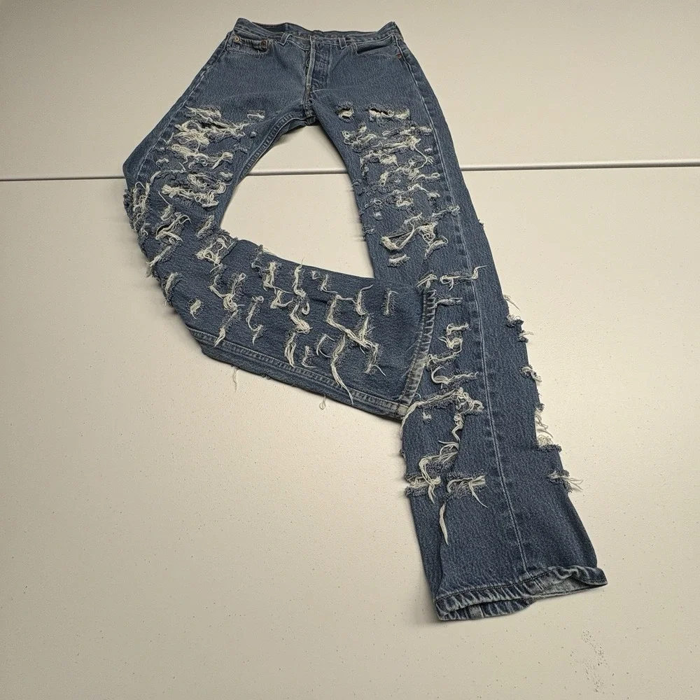 Levi's 501xx Series Medium Wash Distressed Straight Fit Button Fly Jeans red tag